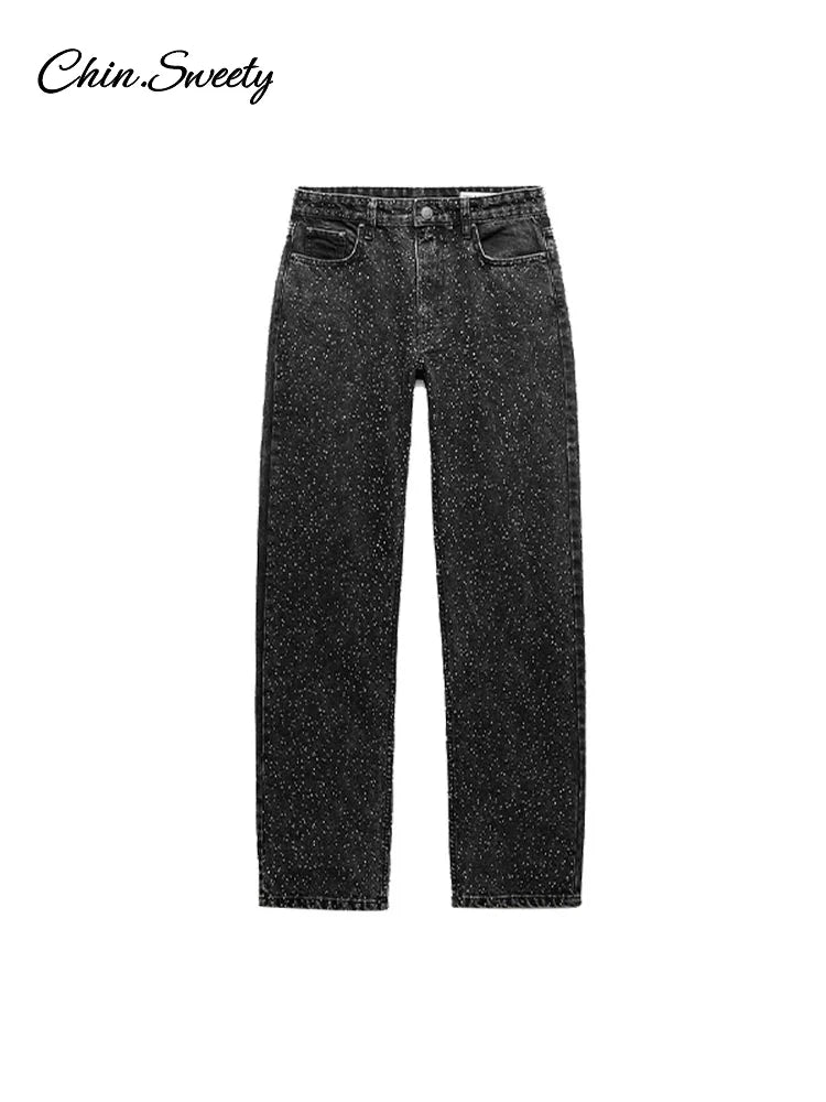 Sequin Rhinestone Jeans For Women Low Waist Zipper Pocket Pencil Shinny Party Denim Pants 2025 Spring Fall High Street Outwears