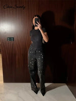 Load image into Gallery viewer, Sequin Rhinestone Jeans For Women Low Waist Zipper Pocket Pencil Shinny Party Denim Pants 2025 Spring Fall High Street Outwears
