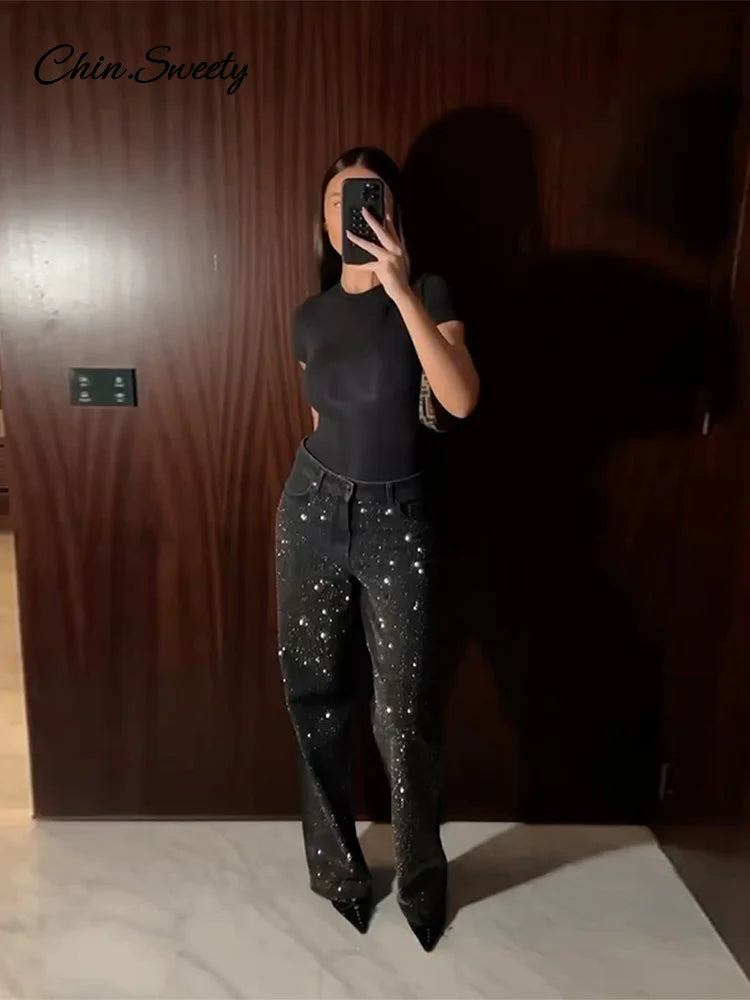 Sequin Rhinestone Jeans For Women Low Waist Zipper Pocket Pencil Shinny Party Denim Pants 2025 Spring Fall High Street Outwears