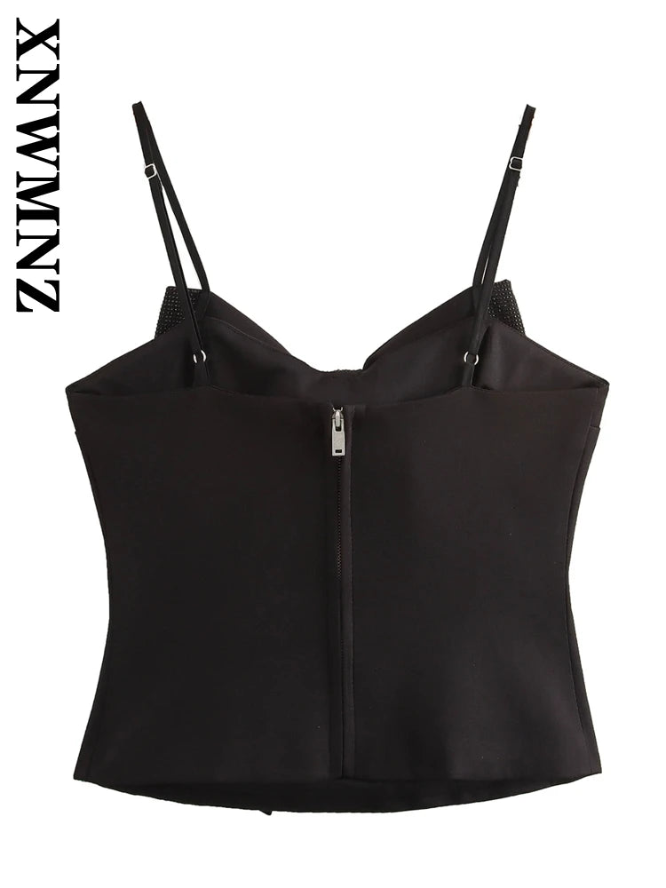 XNWMNZ 2024 Autumn New Woman Chic Sleeveless Vest Halter Top Party Female Black Crop Top Shoulder Gilet Slim Waistcoat