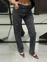 Load image into Gallery viewer, Sequin Rhinestone Jeans For Women Low Waist Zipper Pocket Pencil Shinny Party Denim Pants 2025 Spring Fall High Street Outwears
