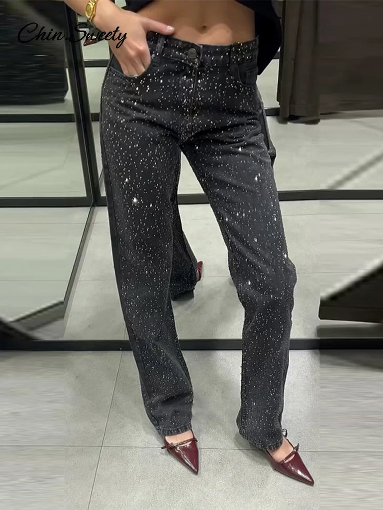 Sequin Rhinestone Jeans For Women Low Waist Zipper Pocket Pencil Shinny Party Denim Pants 2025 Spring Fall High Street Outwears