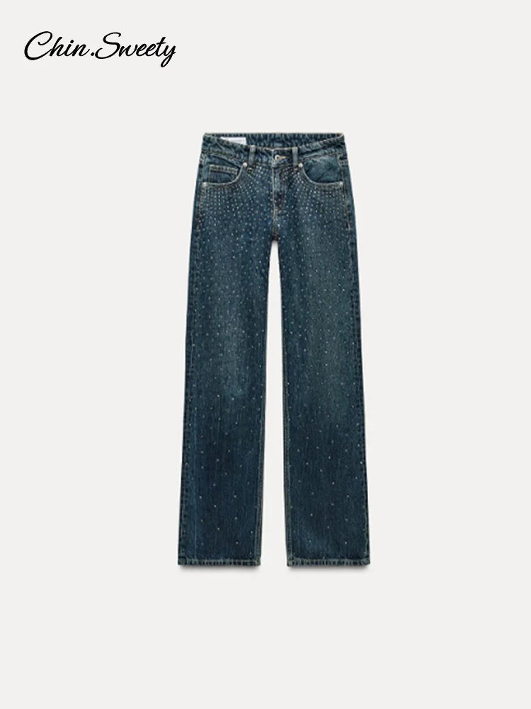 Sequin Rhinestone Jeans For Women Low Waist Zipper Pocket Pencil Shinny Party Denim Pants 2025 Spring Fall High Street Outwears
