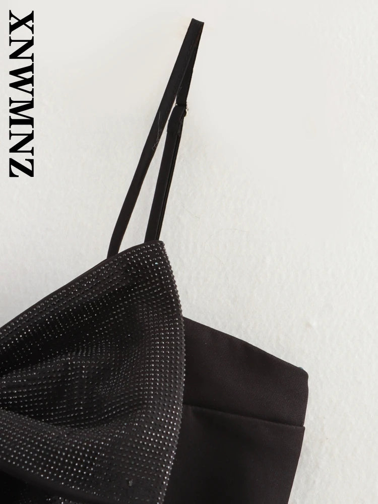 XNWMNZ 2024 Autumn New Woman Chic Sleeveless Vest Halter Top Party Female Black Crop Top Shoulder Gilet Slim Waistcoat